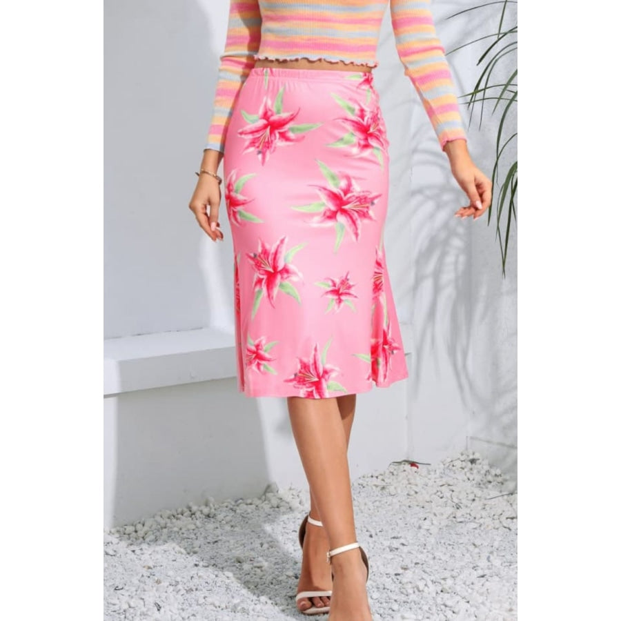 Floral Print Knee Length Skirt Carnation Pink / S