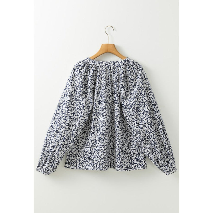 Floral Print Notched Long Sleeve Blouse Apparel and Accessories