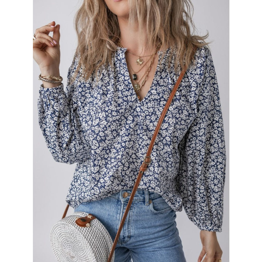 Floral Print Notched Long Sleeve Blouse Apparel and Accessories