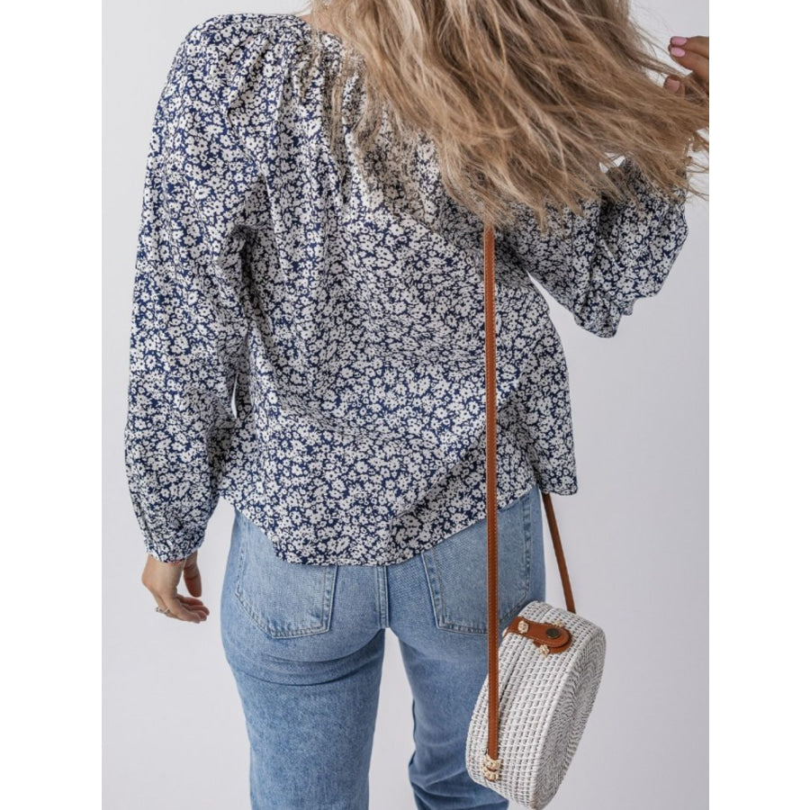 Floral Print Notched Long Sleeve Blouse Apparel and Accessories