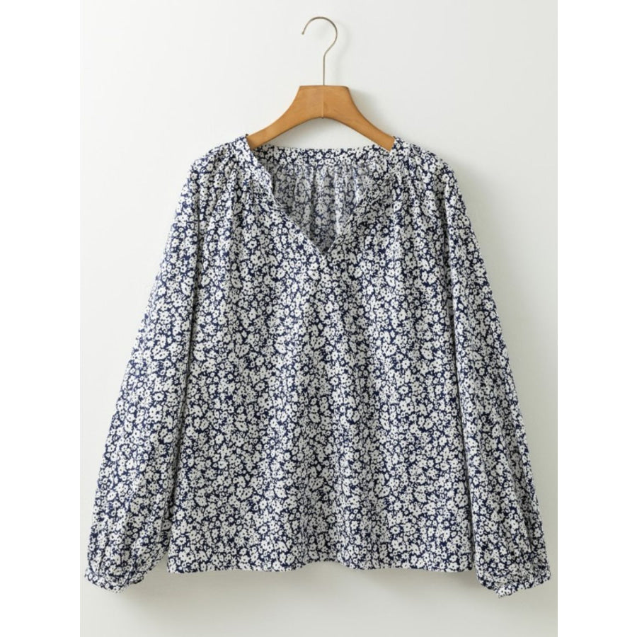 Floral Print Notched Long Sleeve Blouse Apparel and Accessories