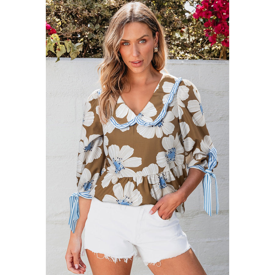 Floral Print Striped Tie Sleeve Blouse Apparel and Accessories