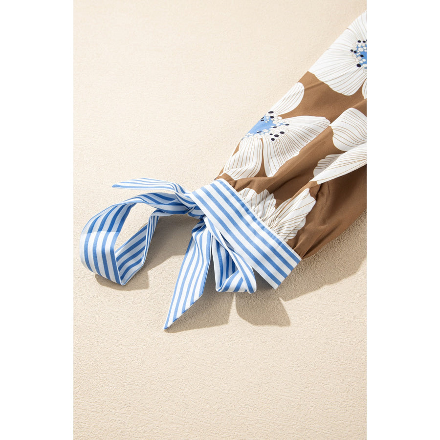 Floral Print Striped Tie Sleeve Blouse Apparel and Accessories