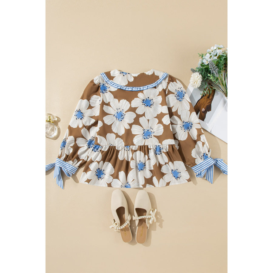Floral Print Striped Tie Sleeve Blouse Apparel and Accessories