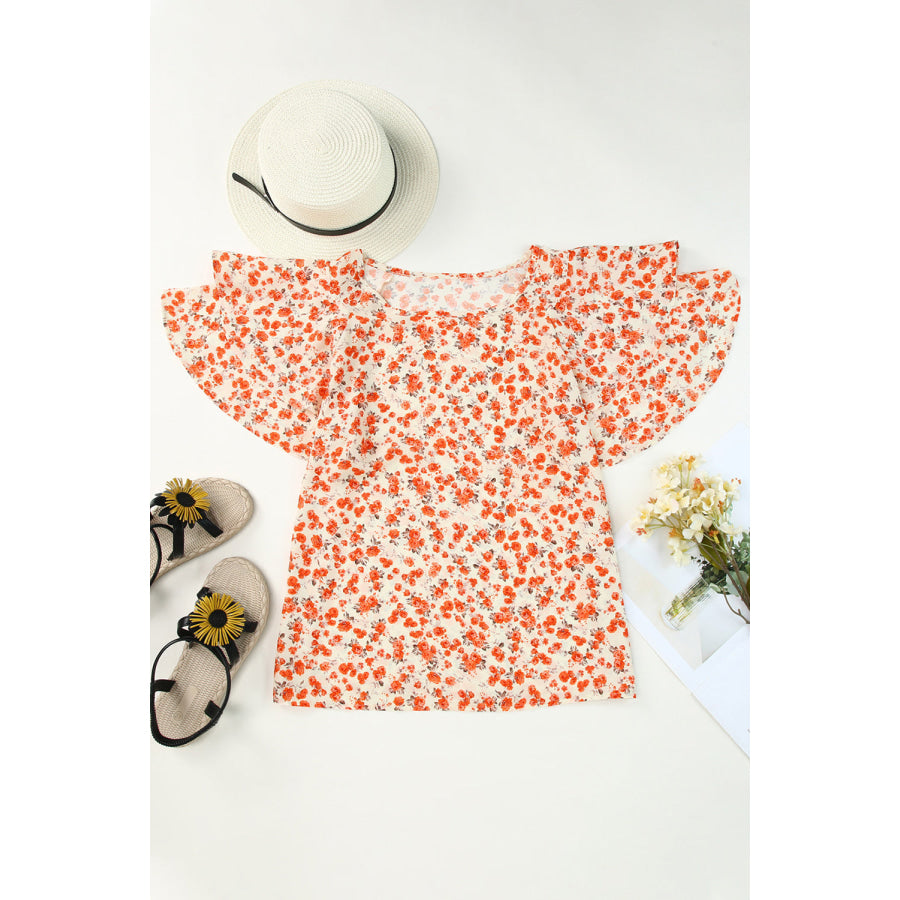 Floral Round Neck Flutter Sleeve Blouse
