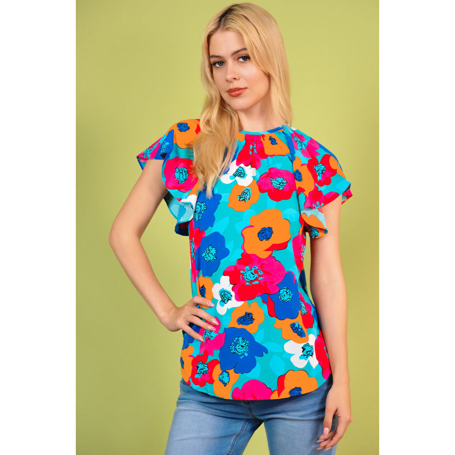 Floral Round Neck Tied Blouse Multicolor / S
