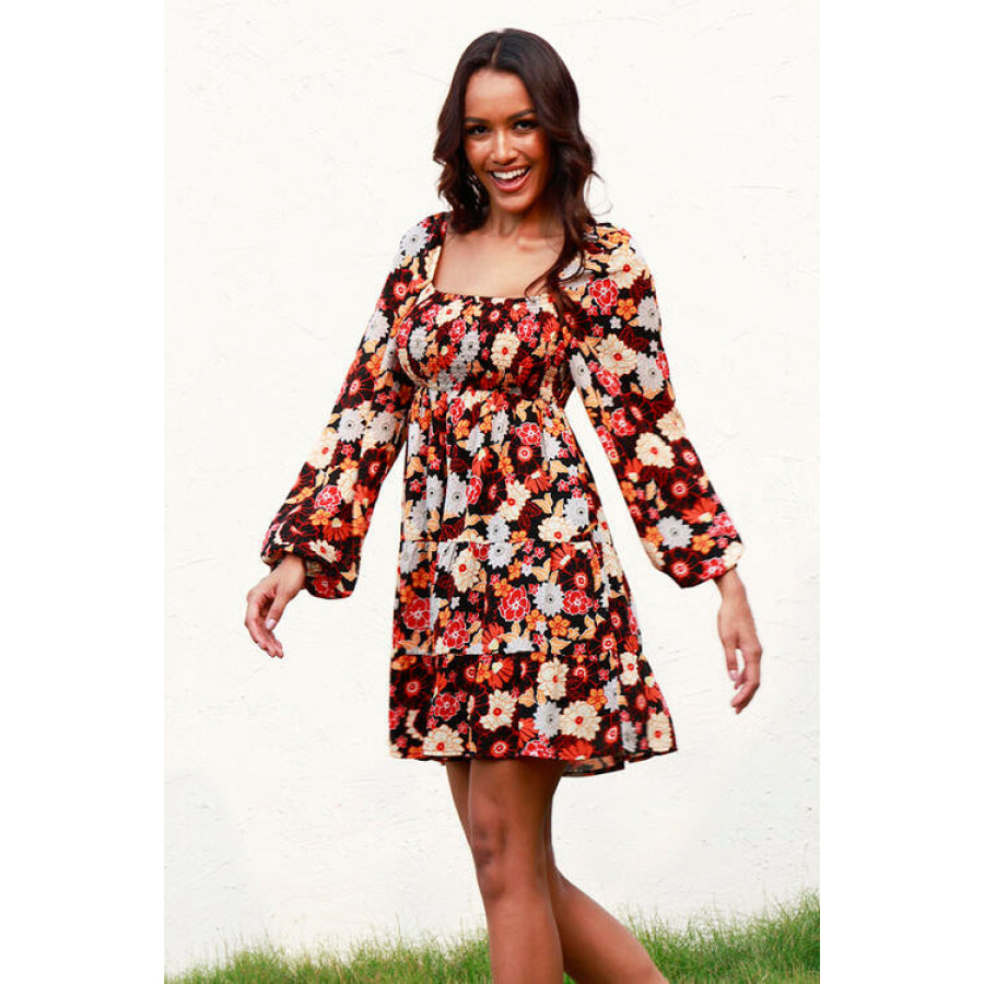 Floral Smocked Balloon Sleeve Tiered Dress Multicolor / S Clothing