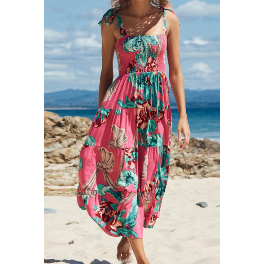 Floral Smocked Tie-Shoulder Tiered Dress Multicolor / S