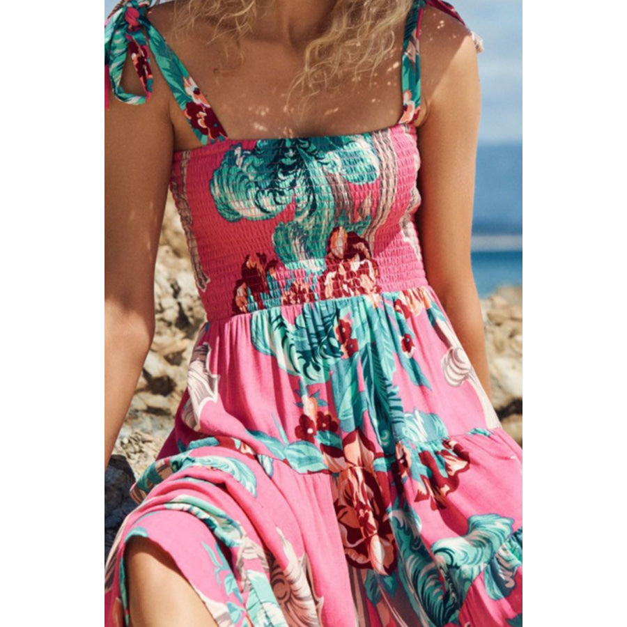 Floral Smocked Tie-Shoulder Tiered Dress