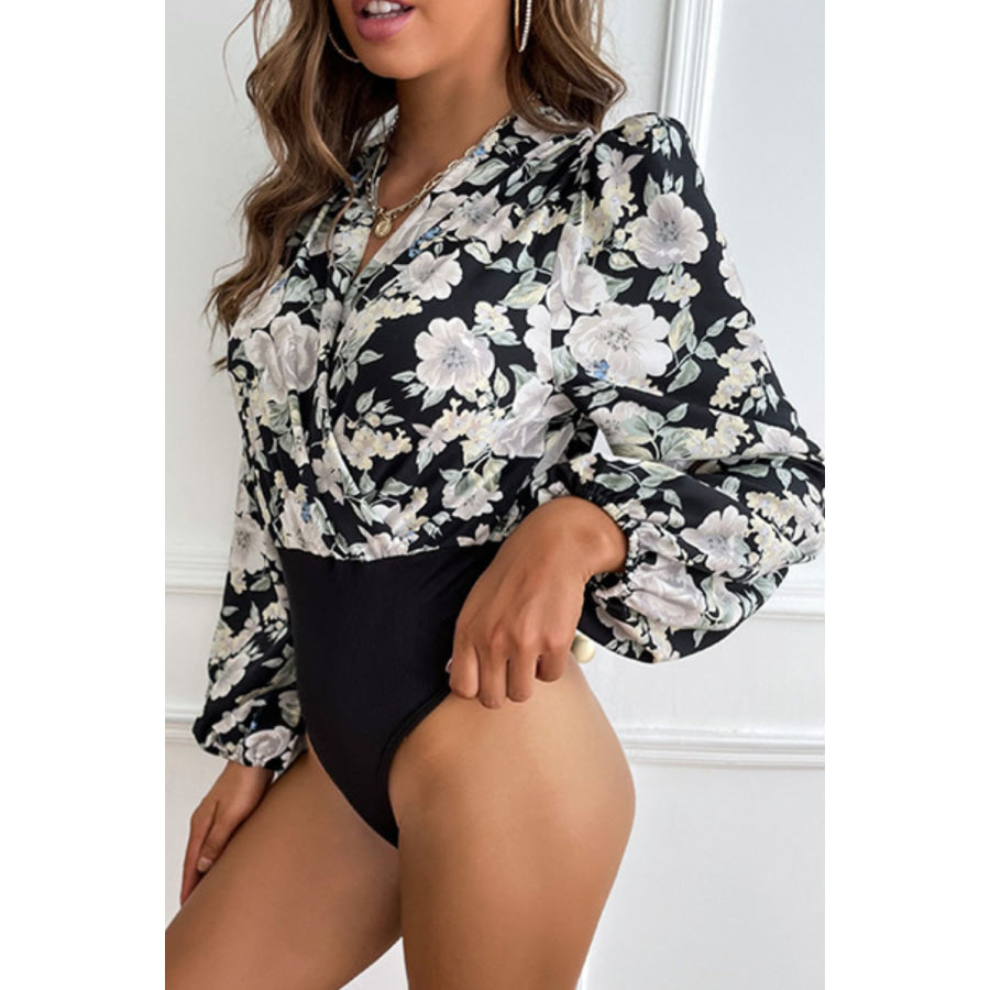 Floral Surplice Neck Puff Sleeve Bodysuit