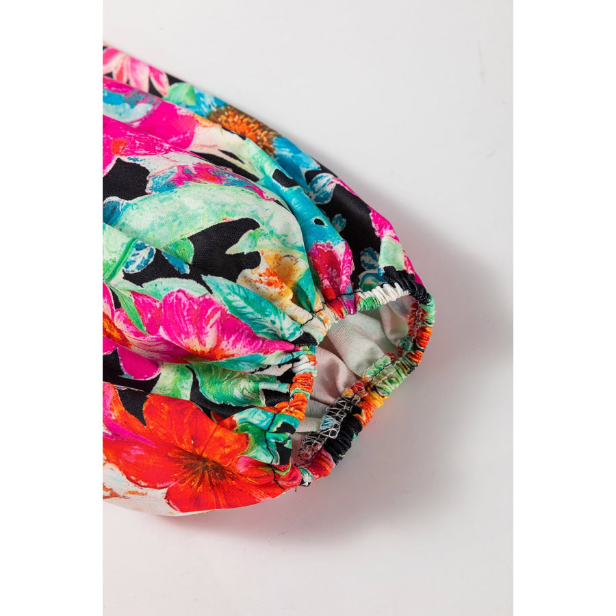 Floral Tie Neck Balloon Sleeve Blouse Apparel and Accessories