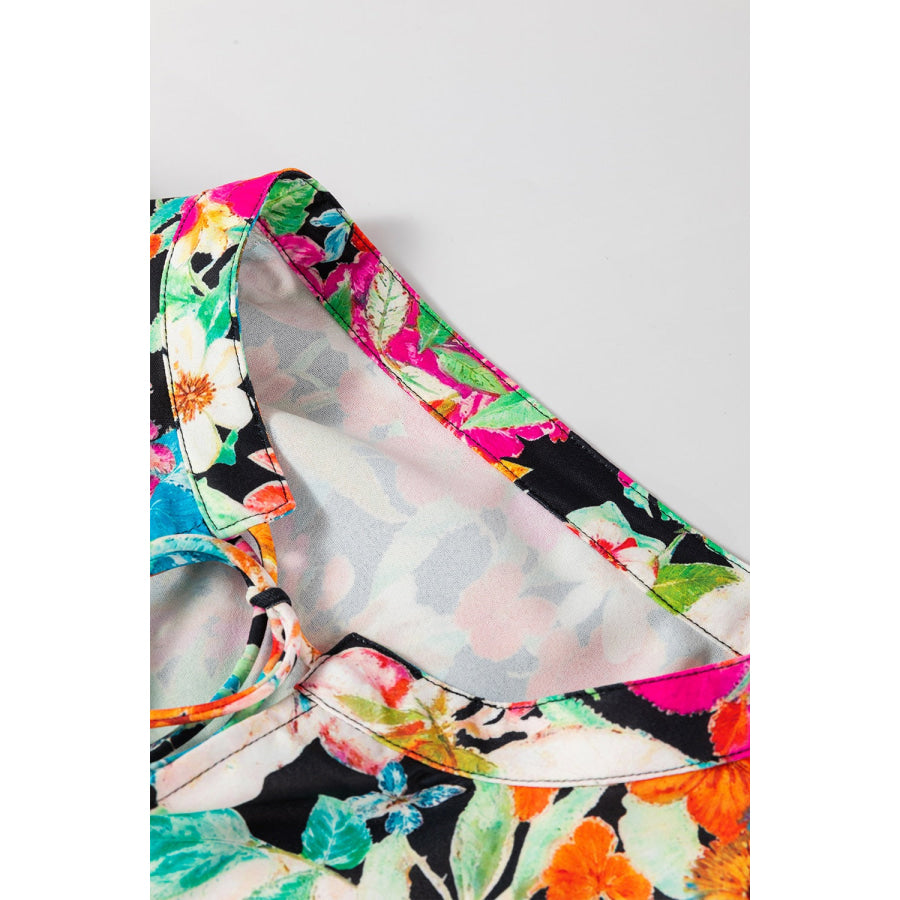 Floral Tie Neck Balloon Sleeve Blouse Apparel and Accessories