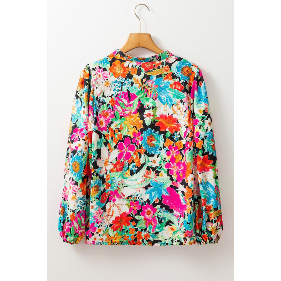 Floral Tie Neck Balloon Sleeve Blouse Apparel and Accessories