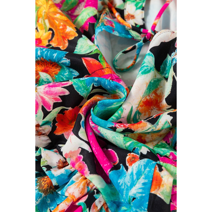 Floral Tie Neck Balloon Sleeve Blouse Apparel and Accessories