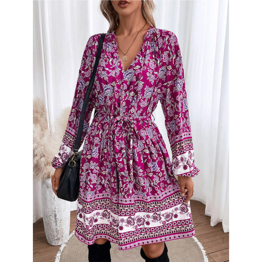Floral Tie Neck Balloon Sleeve Dress Shirts & Tops
