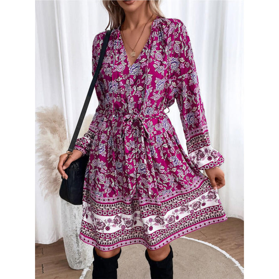 Floral Tie Neck Balloon Sleeve Dress Shirts & Tops