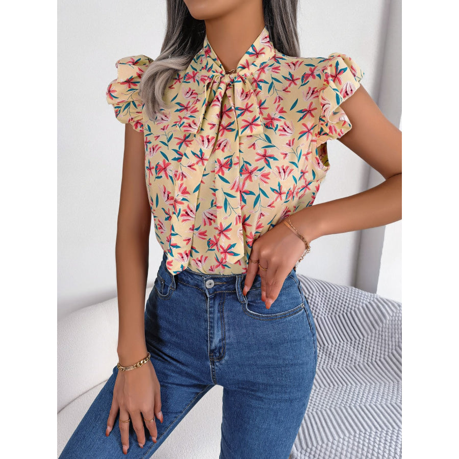 Floral Tie Neck Flutter Sleeve Blouse