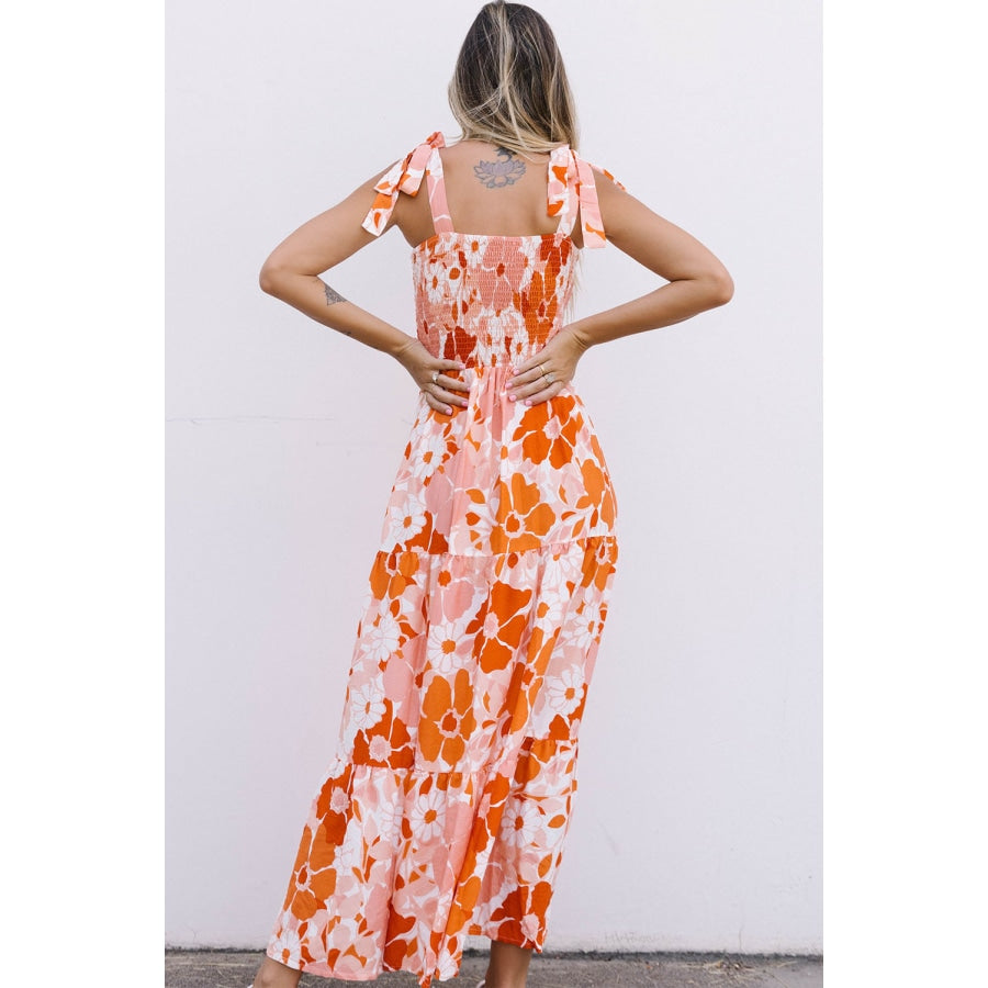 Floral Tie-Shoulder Smocked Maxi Dress Orange / S