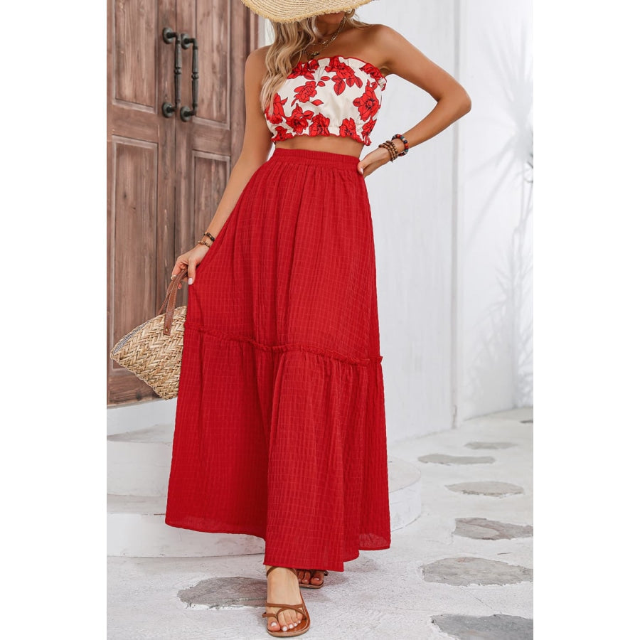 Floral Tube Top and Maxi Skirt Set Deep Red / S