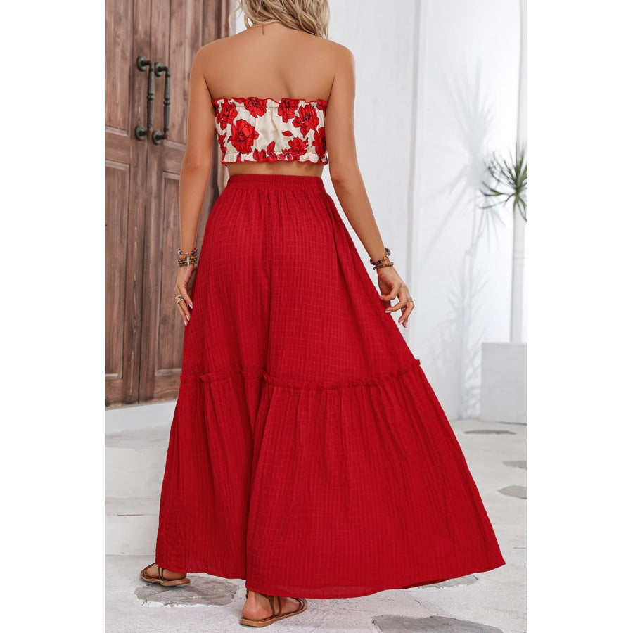 Floral Tube Top and Maxi Skirt Set Deep Red / S