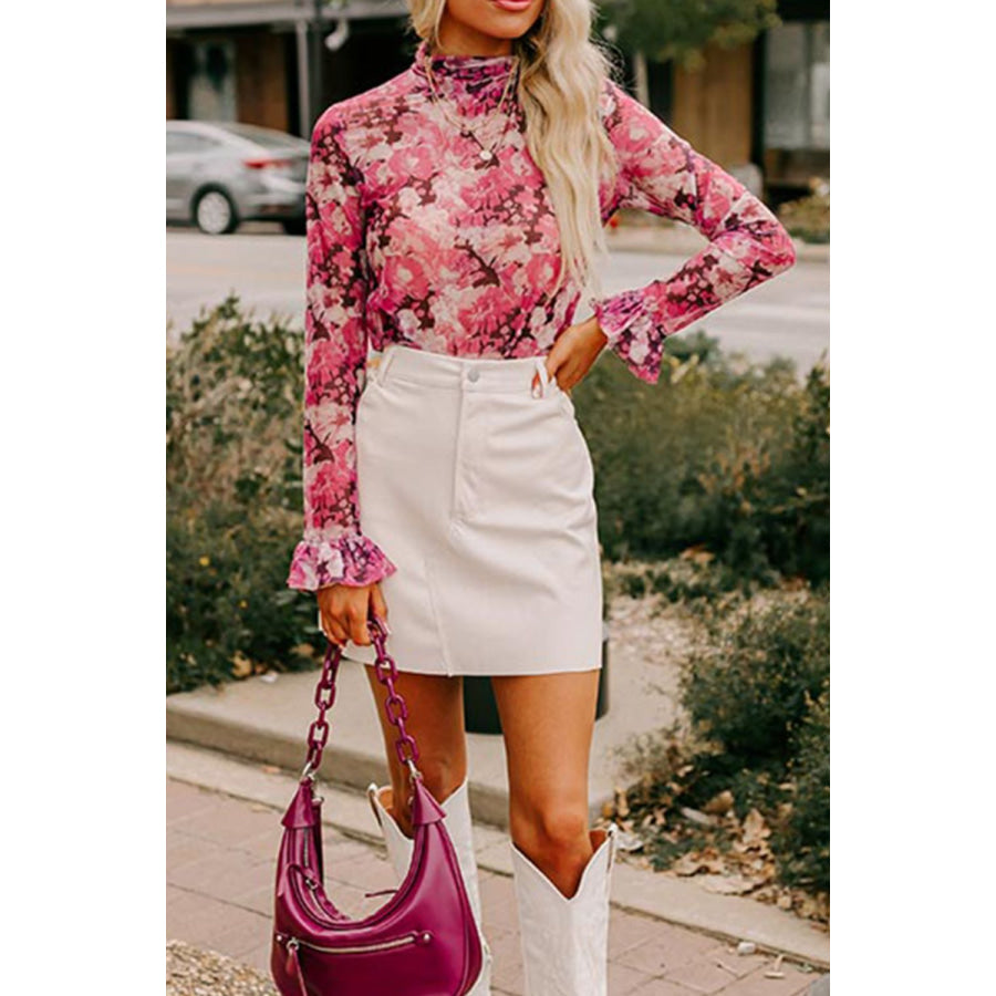 Floral Turtleneck Flounce Sleeve Blouse Apparel and Accessories