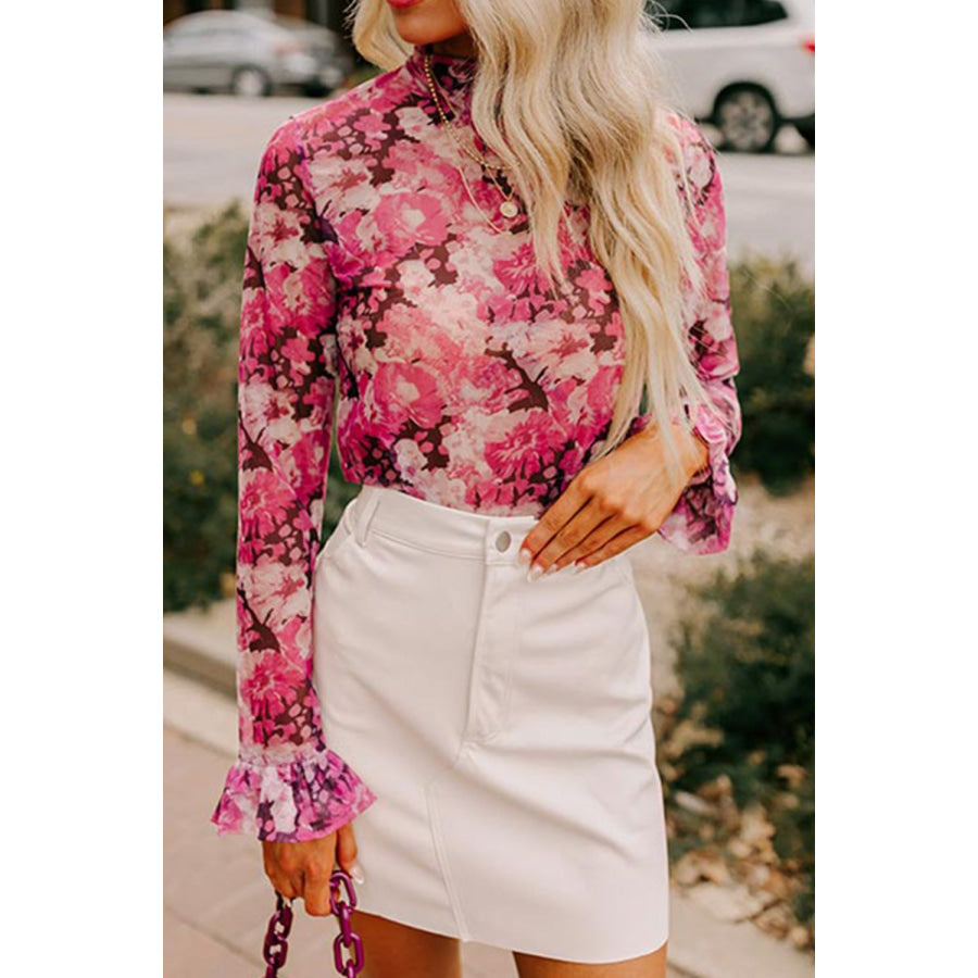 Floral Turtleneck Flounce Sleeve Blouse Apparel and Accessories