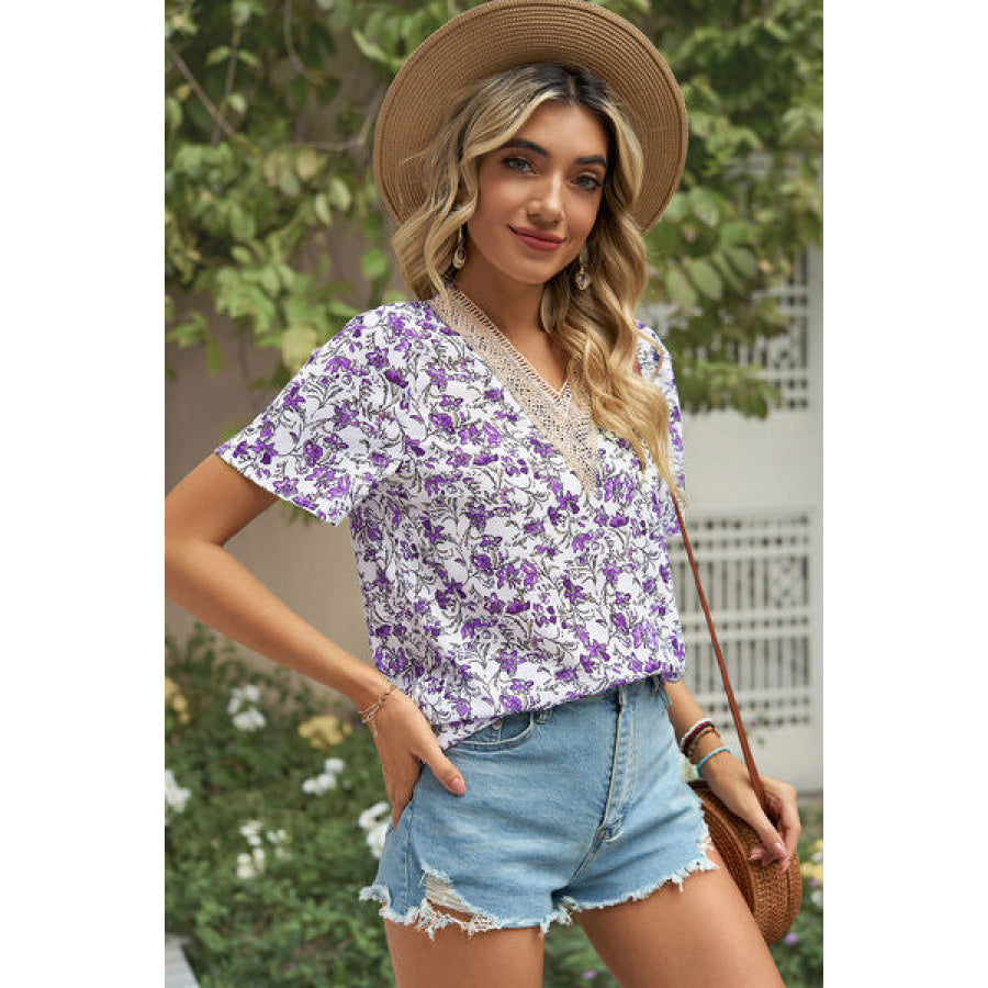 Floral V - Neck Short Sleeve T - Shirt Apparel and Accessories