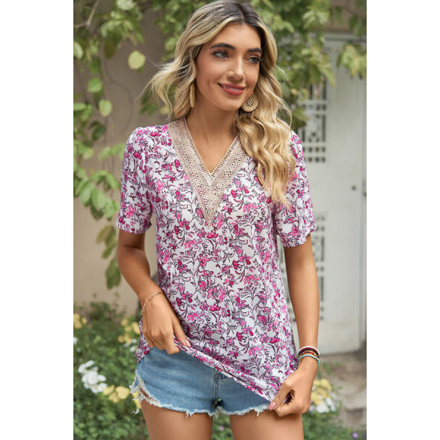Floral V - Neck Short Sleeve T - Shirt Heliotrope Purple / S Apparel and Accessories
