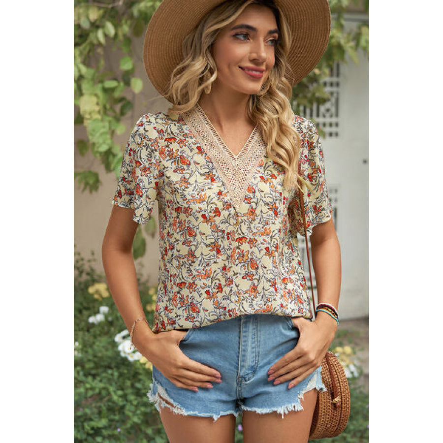 Floral V - Neck Short Sleeve T - Shirt Honey / S Apparel and Accessories