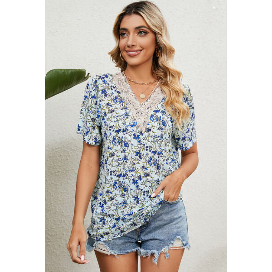 Floral V - Neck Short Sleeve T - Shirt Royal Blue / S Apparel and Accessories