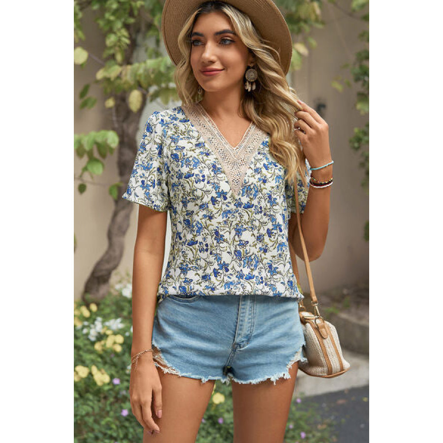 Floral V - Neck Short Sleeve T - Shirt Ultra marine / S Apparel and Accessories