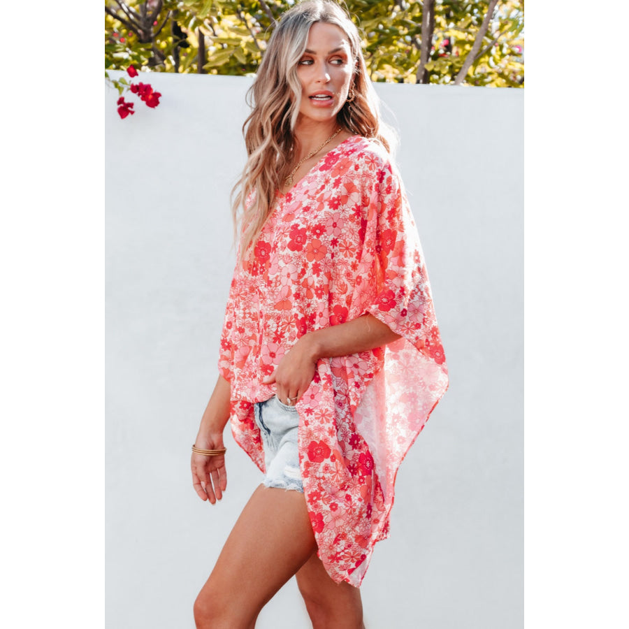Floral V-Neck Three-Quarter Sleeve Blouse Apparel and Accessories