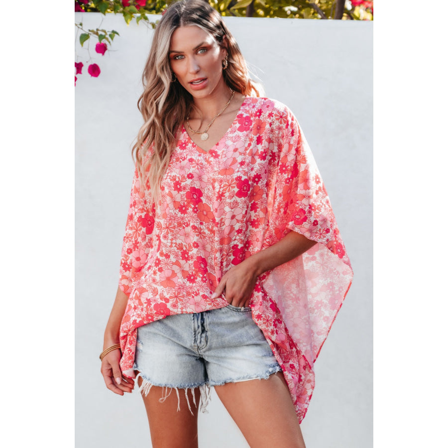 Floral V-Neck Three-Quarter Sleeve Blouse Strawberry / S Apparel and Accessories