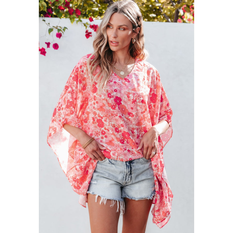 Floral V-Neck Three-Quarter Sleeve Blouse Apparel and Accessories