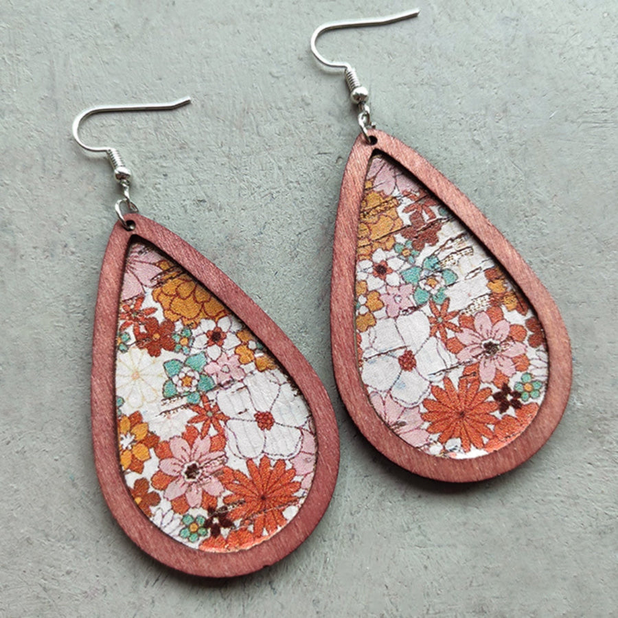 Floral Wood Teardrop Earrings Ochre / One Size Apparel and Accessories