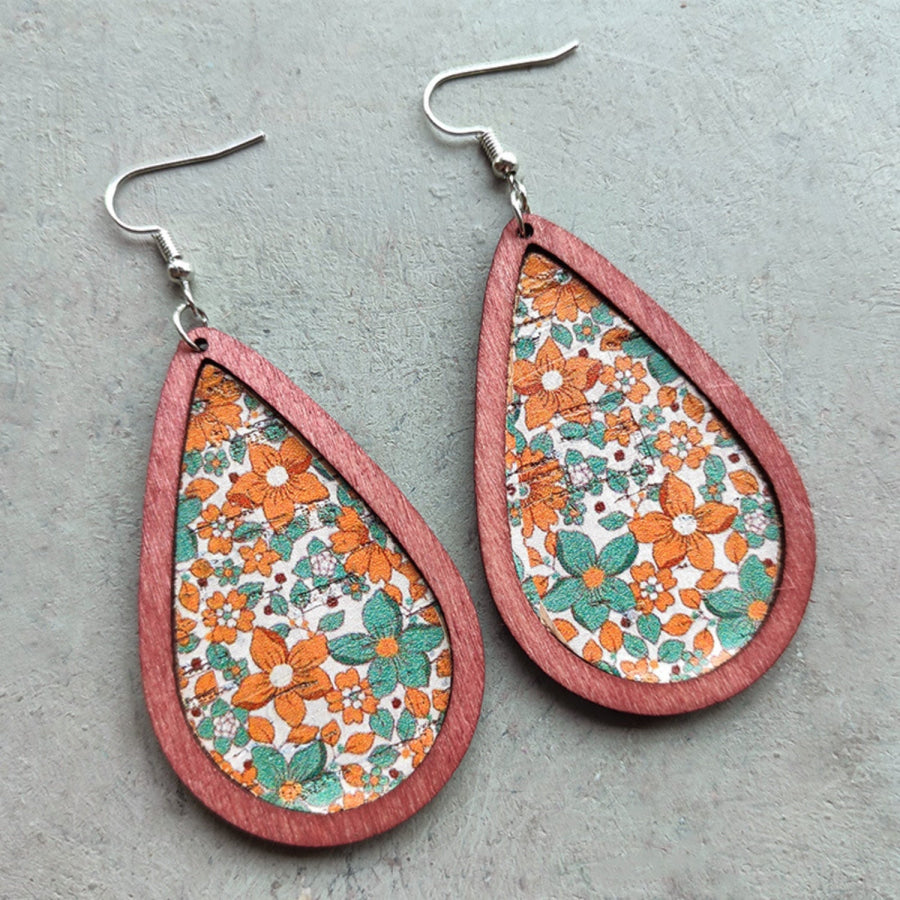 Floral Wood Teardrop Earrings Teal / One Size Apparel and Accessories