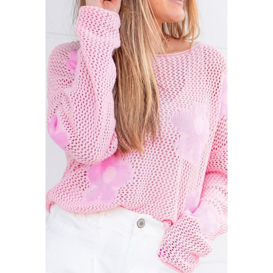 Flower Boat Neck Long Sleeve Knit Cover Up Blush Pink / S Apparel and Accessories