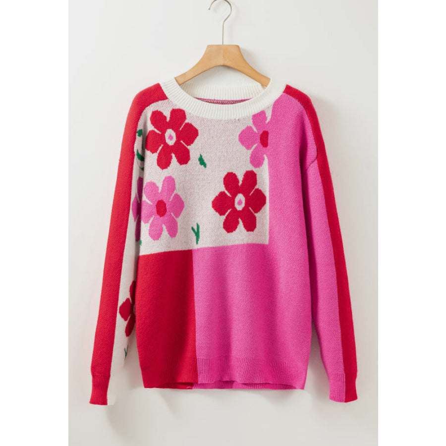 Flower Color Block Round Neck Sweater Apparel and Accessories