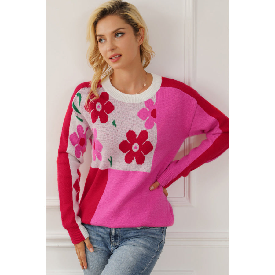 Flower Color Block Round Neck Sweater Apparel and Accessories