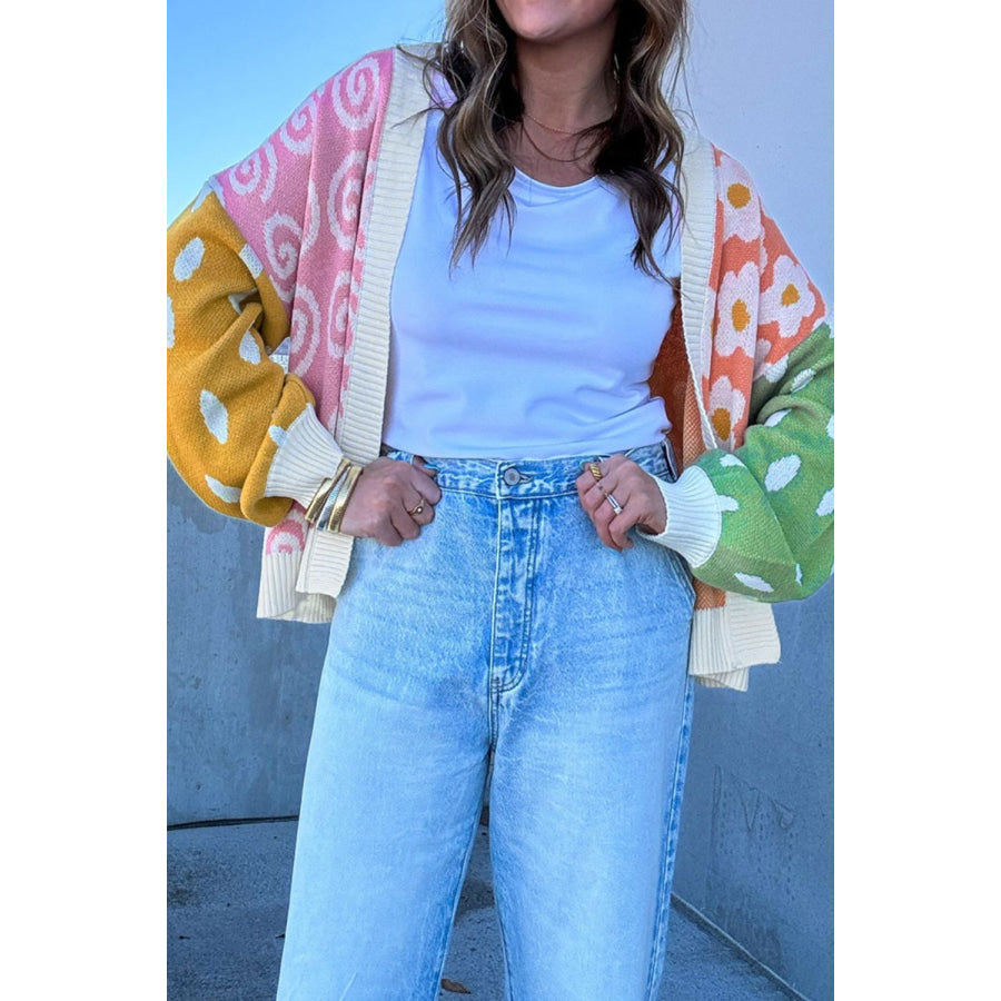 Flower & Dotted Mixed Open Front Cardigan Apparel and Accessories