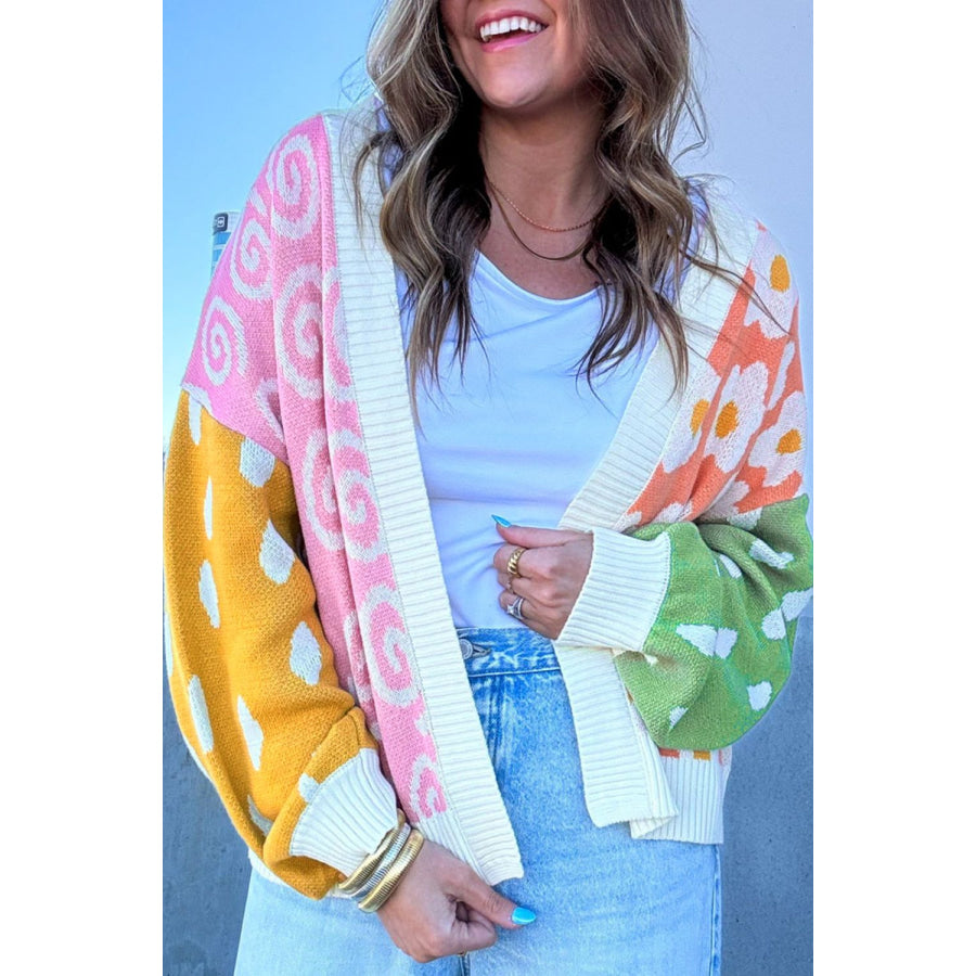 Flower & Dotted Mixed Open Front Cardigan Apparel and Accessories