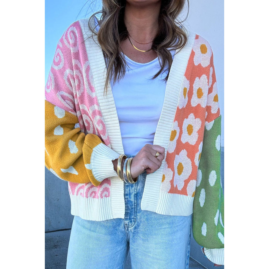 Flower & Dotted Mixed Open Front Cardigan Multicolor / S Apparel and Accessories