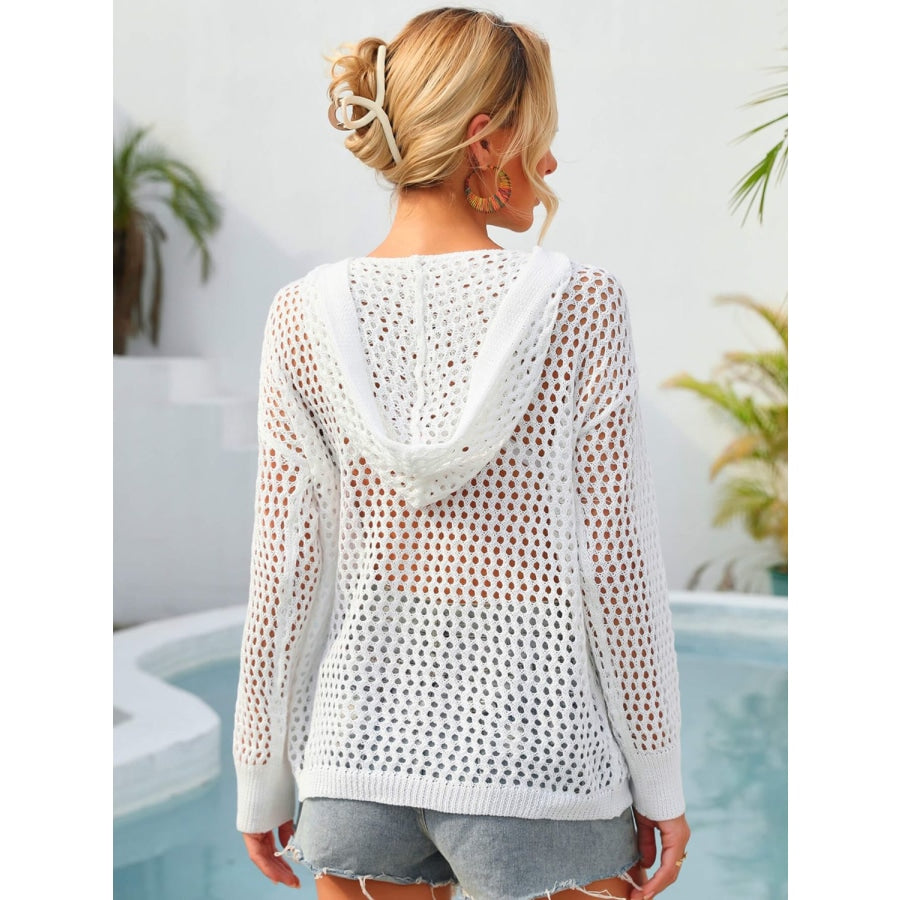 Flower Graphic Lace-Up Openwork Hooded Cover Up White / S
