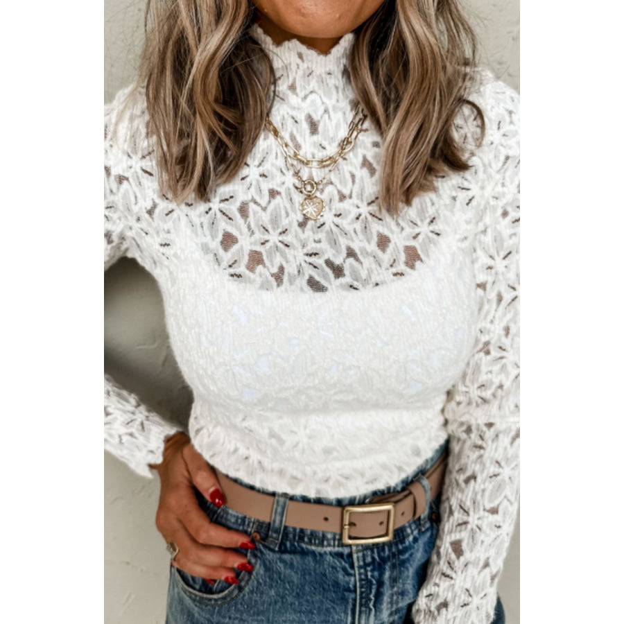 Flower Lace Mock Neck Long Sleeve Top Apparel and Accessories
