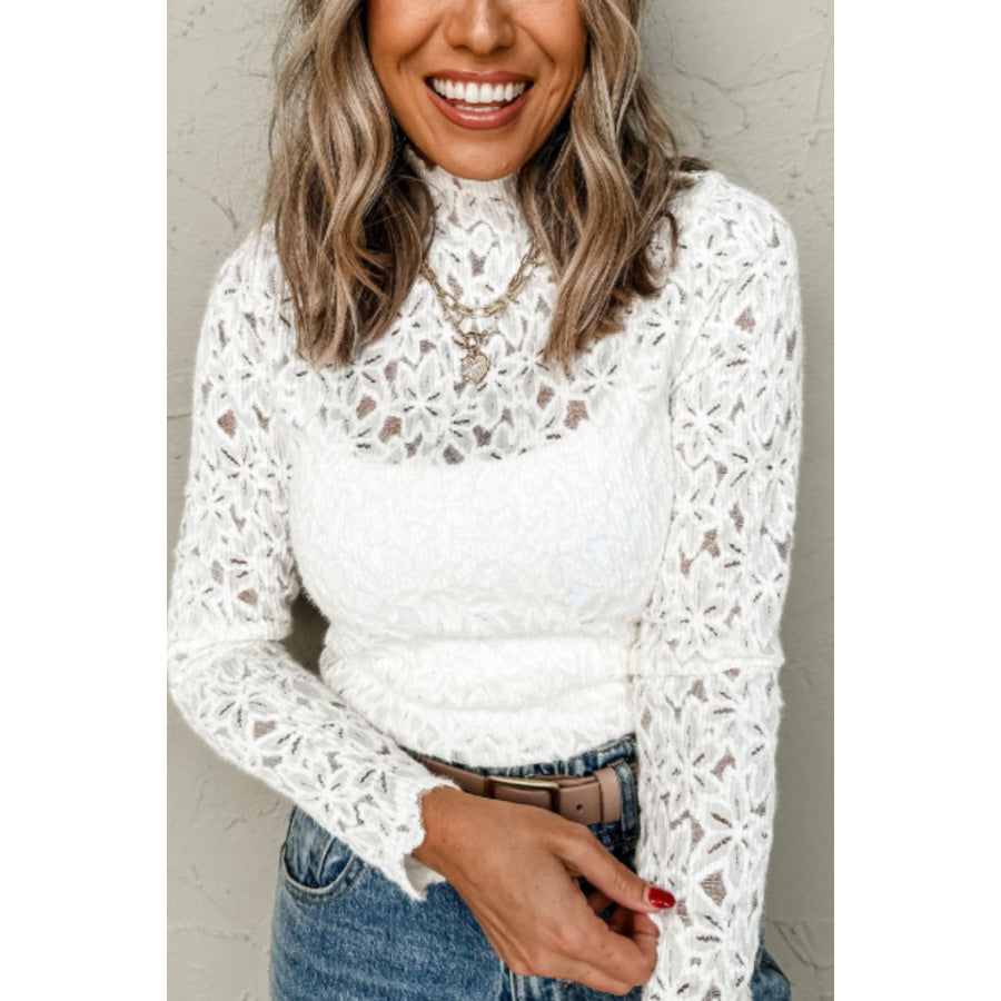 Flower Lace Mock Neck Long Sleeve Top White / S Apparel and Accessories