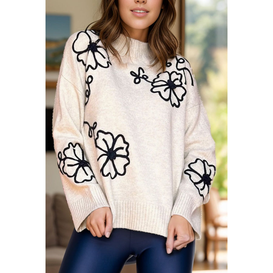 Flower Mock Neck Long Sleeve Sweater Cream / S Apparel and Accessories