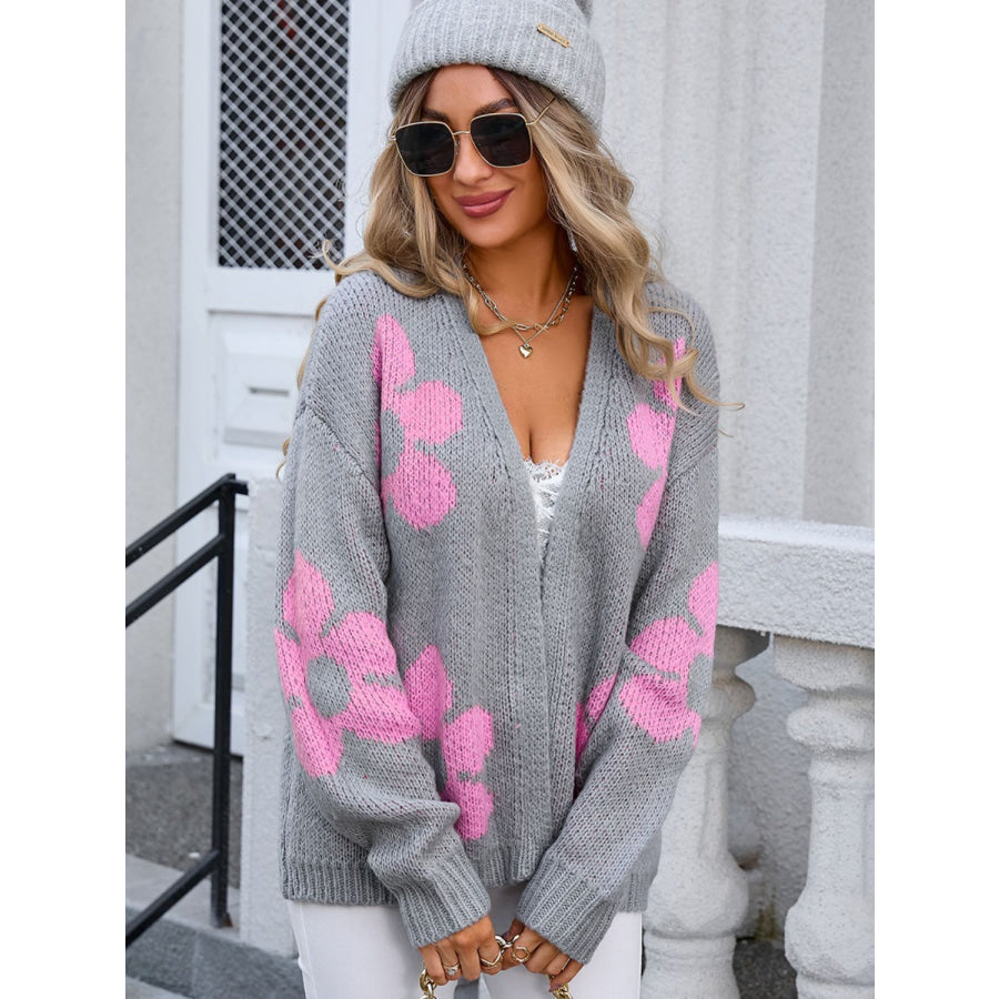Flower Open Front Long Sleeve Cardigan Apparel and Accessories