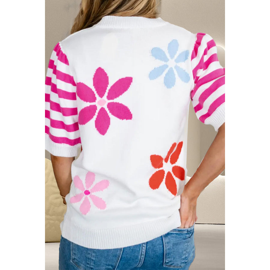 Flower Pattern Round Neck Half Sleeve Knit Top Apparel and Accessories