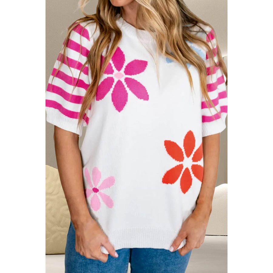 Flower Pattern Round Neck Half Sleeve Knit Top White / S Apparel and Accessories