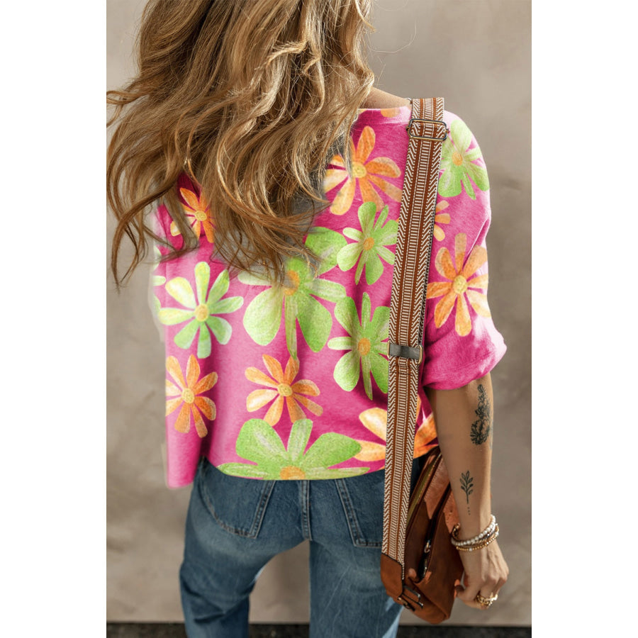 Flower Printed Boat Neck Half Sleeve T-Shirt Apparel and Accessories